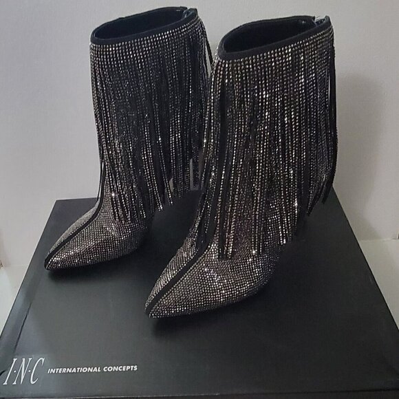 INC Pewter Rhinestone Fringed Ismeria Pointed Toe Stacked Heel Back Zip Booties - Picture 2 of 5